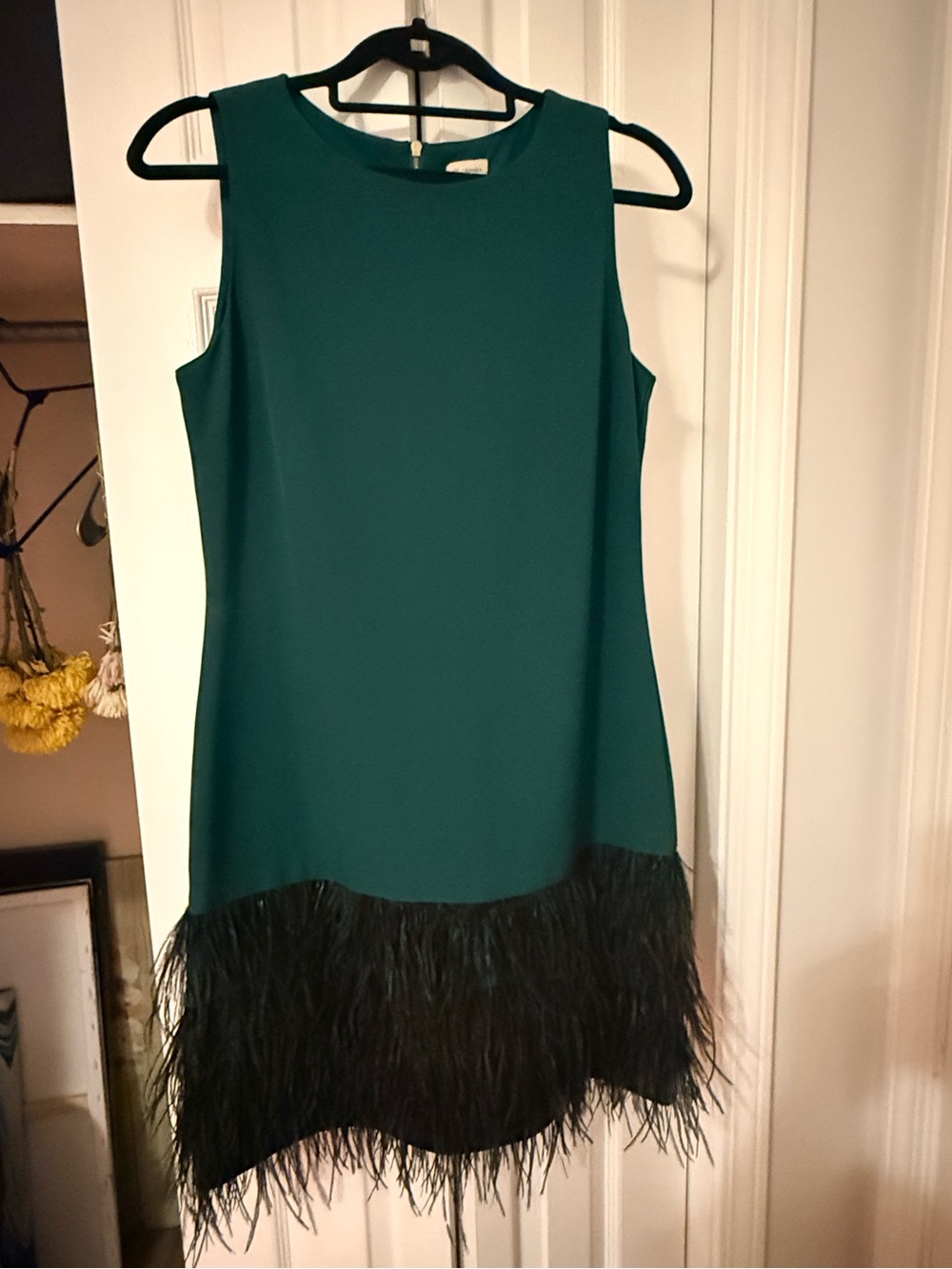 Cremieux Sz 6 Green Sleeveless Shift Dress with Black Ostrich Feather Trim NWOT